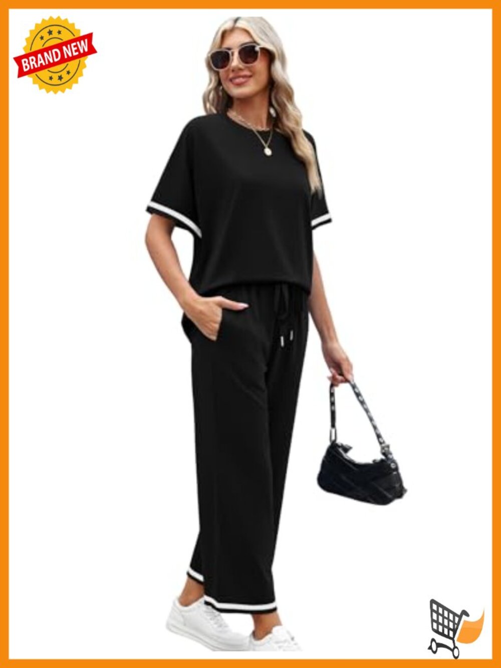 2 Piece Lounge Set Short Sleeve Crew Neck Top Wide Leg Pants with Pockets - Picture 2 of 6
